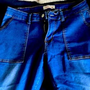 Red bottom straight leg blue jeans